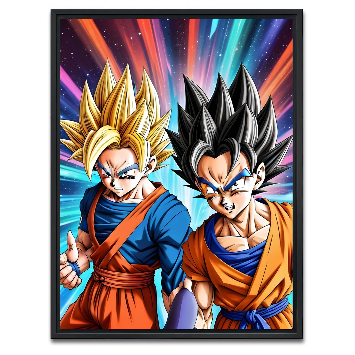 AUTO-MOCKUP WHITE | Super Saiyan Goku vs Base Form Goku | 1 Piece | Black Framed Canvas | group=3x4