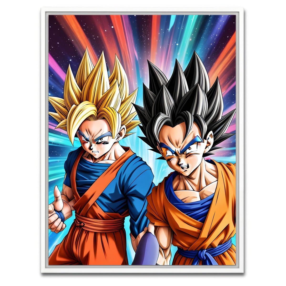 AUTO-MOCKUP WHITE | Super Saiyan Goku vs Base Form Goku | 1 Piece | White Framed Canvas | group=3x4