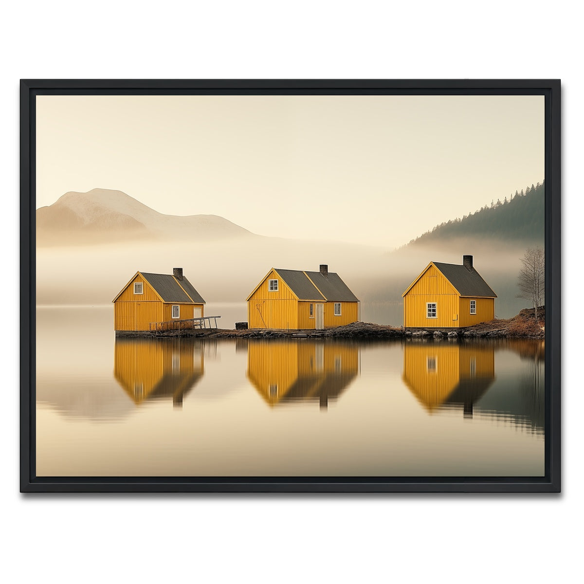 AUTO-MOCKUP WHITE | Three Yellow Houses | 1 Piece | Black Framed Canvas | group=4x3
