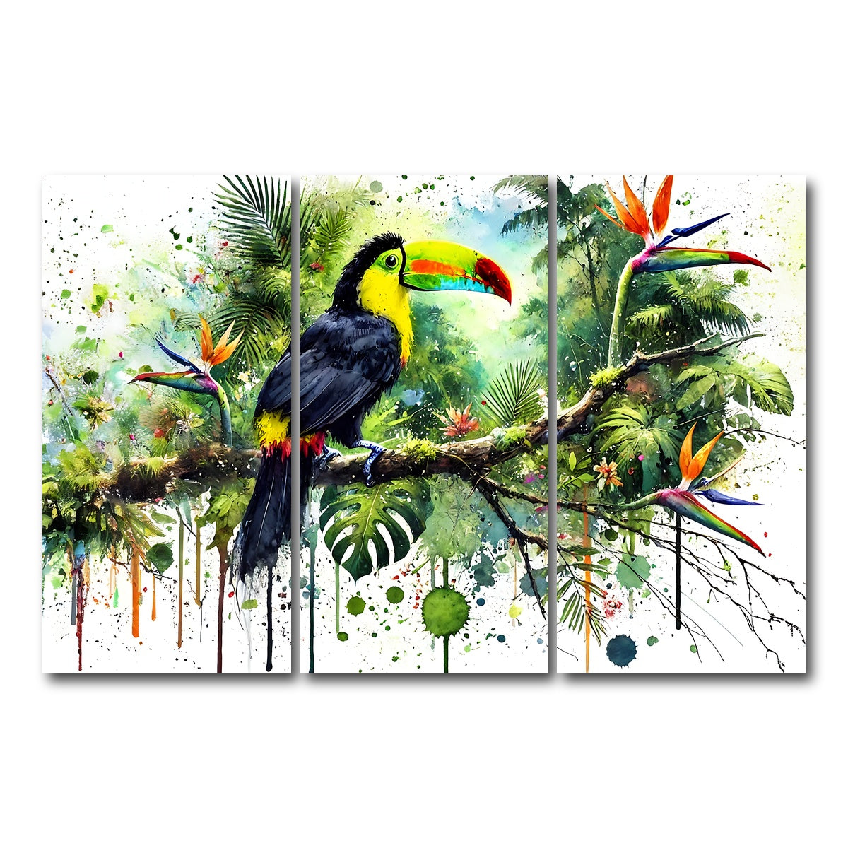 AUTO-MOCKUP WHITE | Toucan Watercolor V2 | 3 Piece | Gallery Wrap Canvas | group=12x24