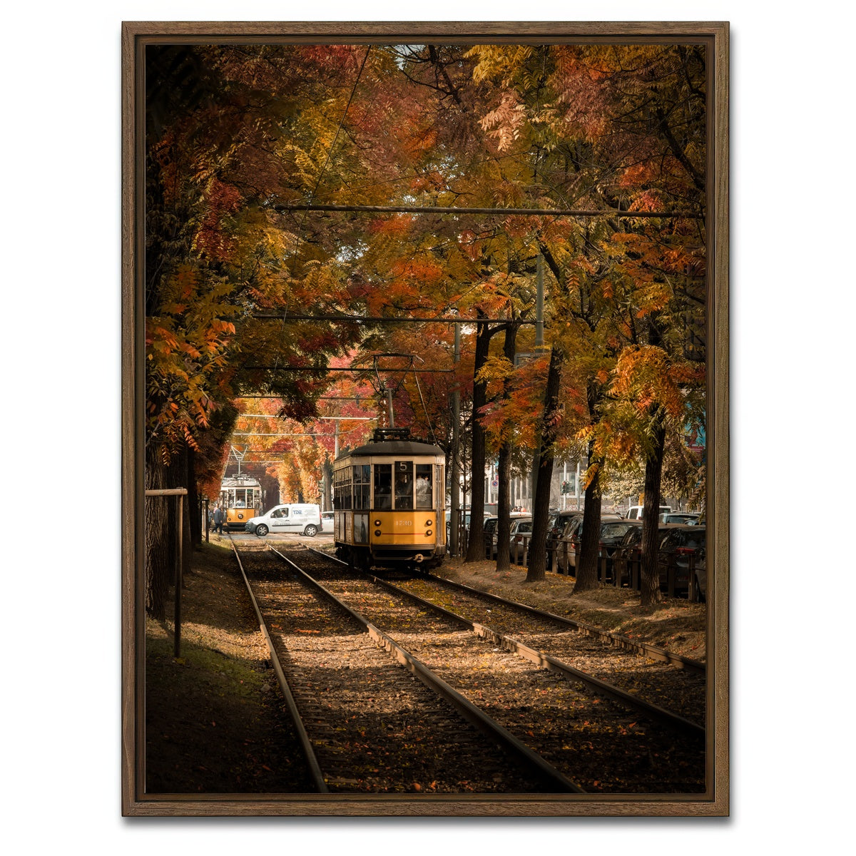 AUTO-MOCKUP WHITE | Tram in Autumn | 1 Piece | Walnut Framed Canvas | group=3x4