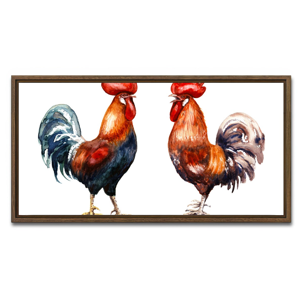AUTO-MOCKUP WHITE | Two red roosters | 1 Piece | Walnut Framed Canvas | group=2x1