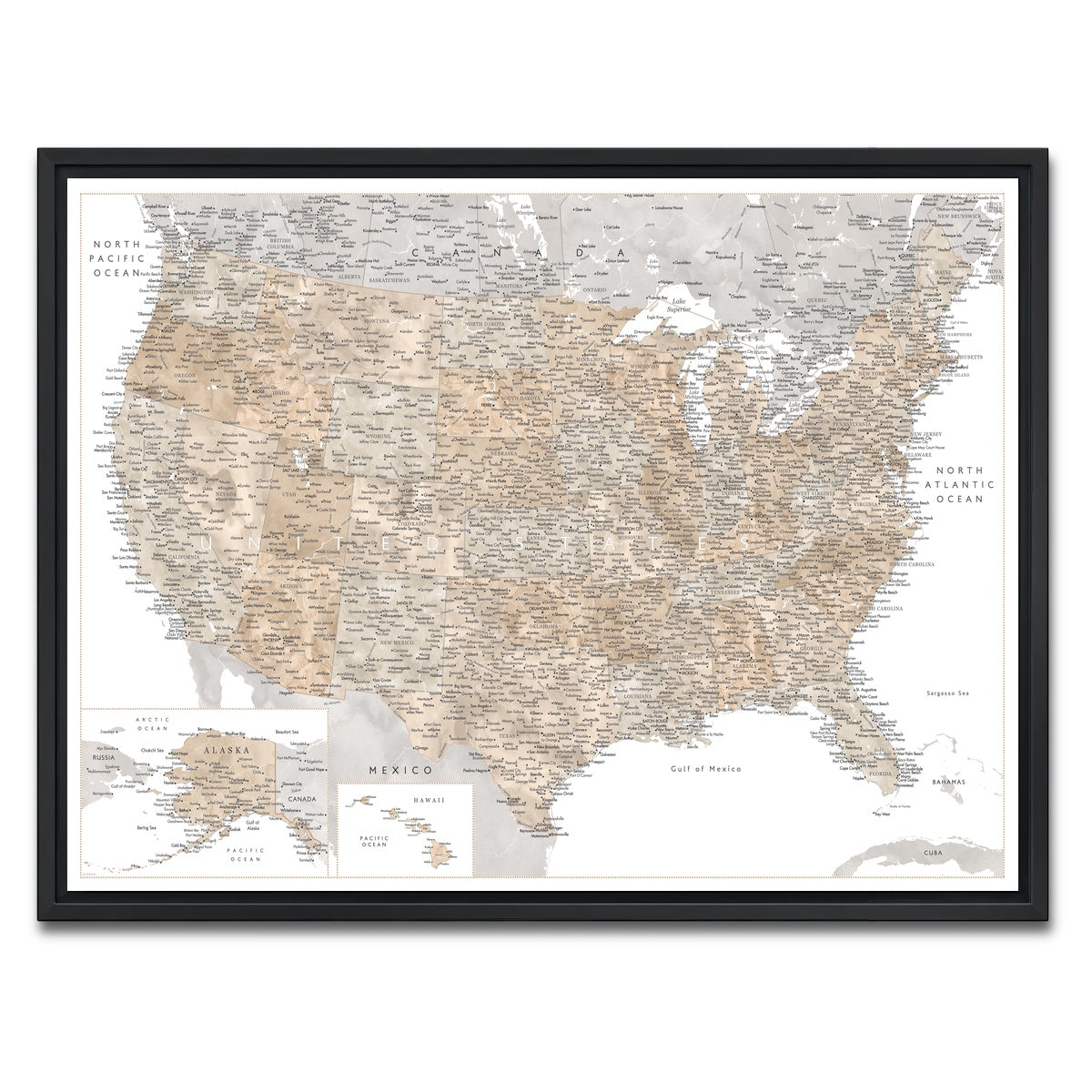 AUTO-MOCKUP WHITE | US Map | 1 Piece | Black Framed Canvas | group=4x3