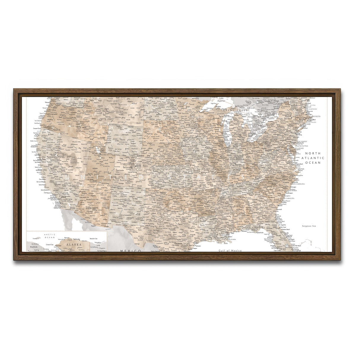AUTO-MOCKUP WHITE | US Map | 1 Piece | Walnut Framed Canvas | group=2x1