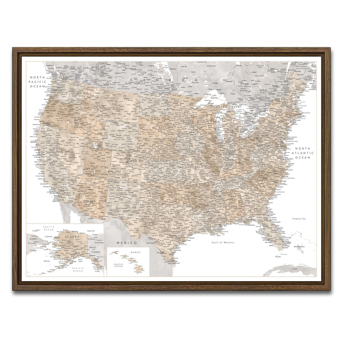 AUTO-MOCKUP WHITE | US Map | 1 Piece | Walnut Framed Canvas | group=4x3