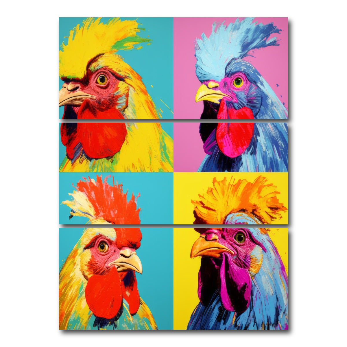 AUTO-MOCKUP WHITE | Vibrant Rooster Paintings | 3 Piece | Gallery Wrap Canvas | group=8x18_stacked