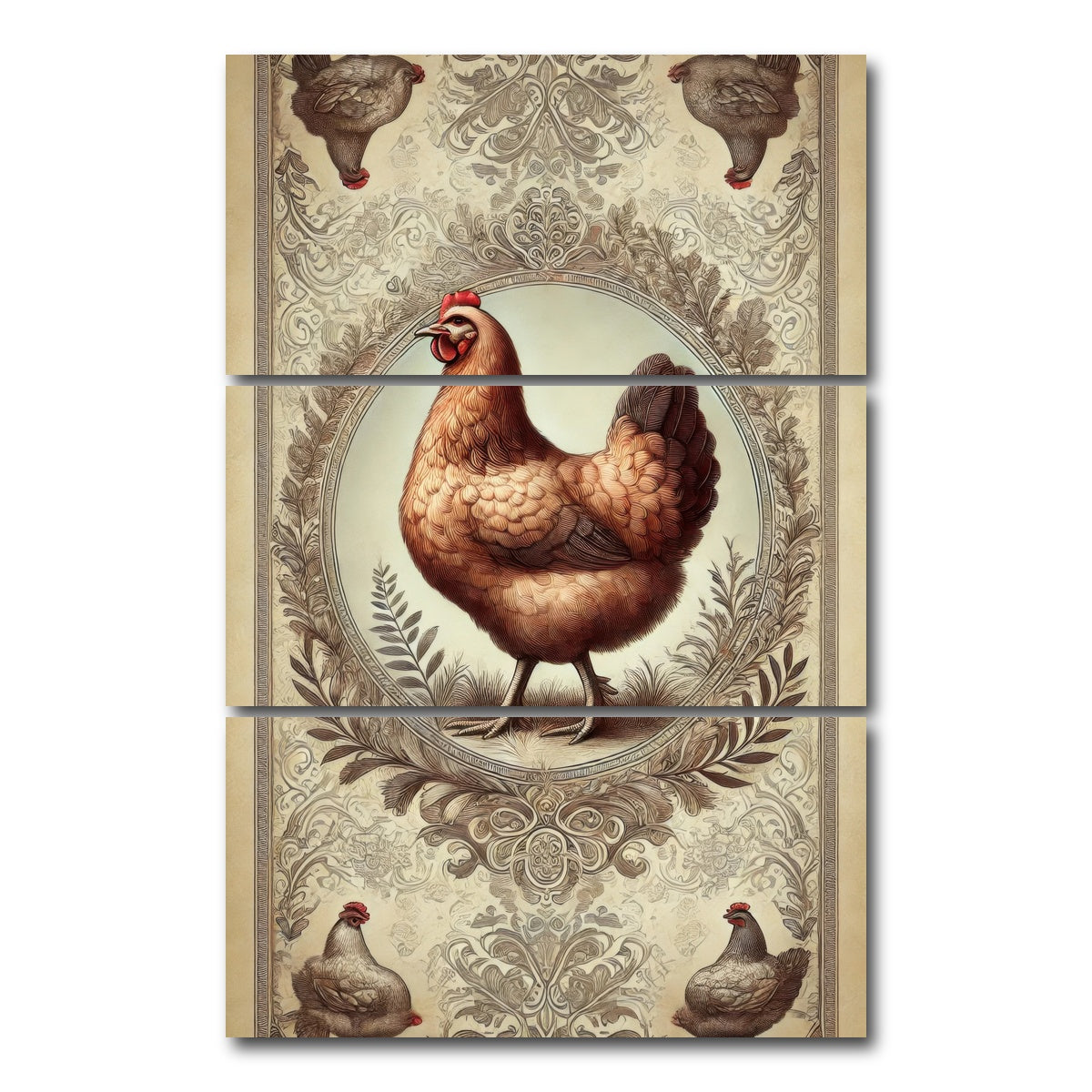 AUTO-MOCKUP WHITE | Victorian Style Chicken | 3 Piece | Gallery Wrap Canvas | group=12x24_stacked
