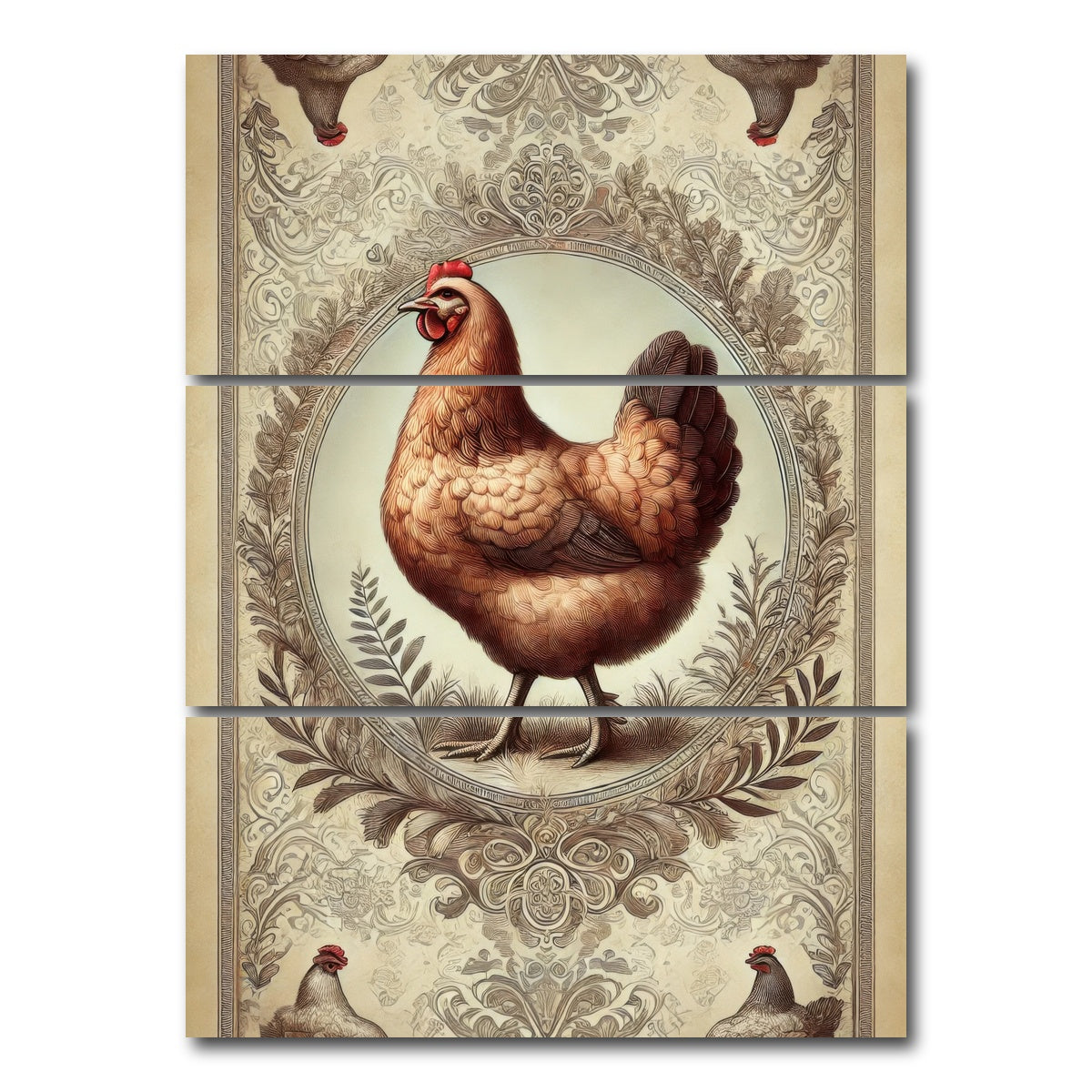 AUTO-MOCKUP WHITE | Victorian Style Chicken | 3 Piece | Gallery Wrap Canvas | group=8x18_stacked