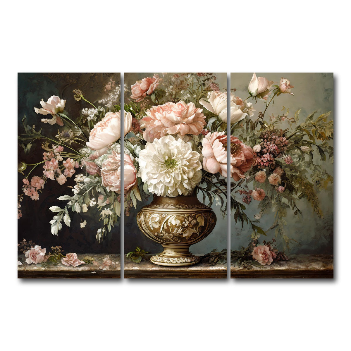 AUTO-MOCKUP WHITE | Vintage flowers in old vase | 3 Piece | Gallery Wrap Canvas | group=12x24