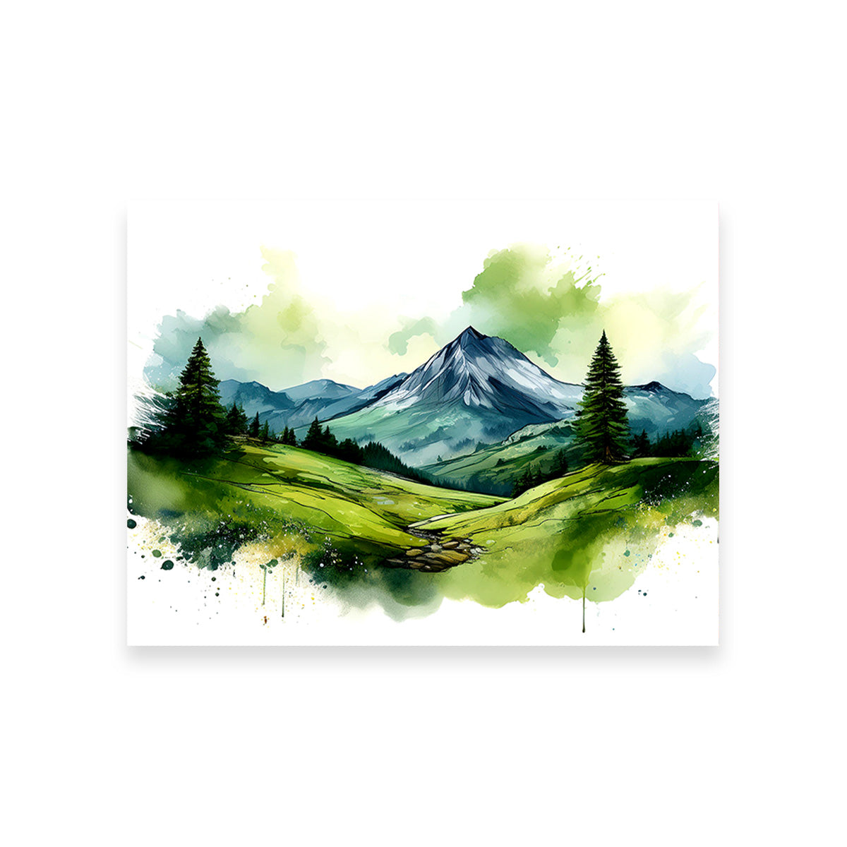 Water Color Green Mountain Wall Art