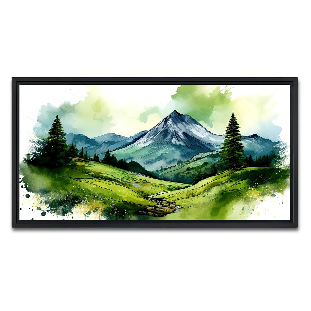 AUTO-MOCKUP WHITE | Water Color Green Mountain | 1 Piece | Black Framed Canvas | group=2x1
