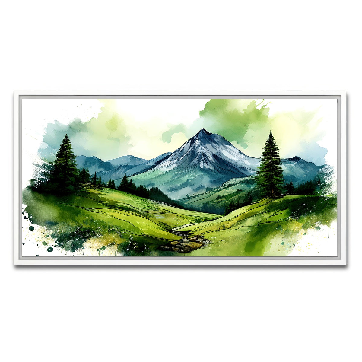 AUTO-MOCKUP WHITE | Water Color Green Mountain | 1 Piece | White Framed Canvas | group=2x1