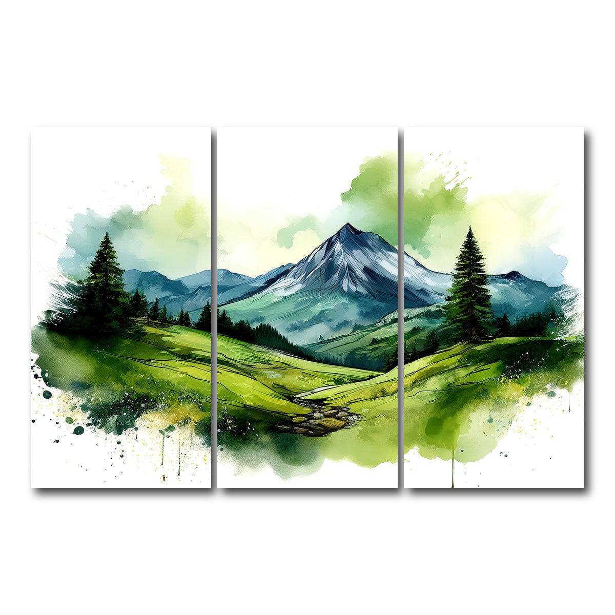 AUTO-MOCKUP WHITE | Water Color Green Mountain | 3 Piece | Gallery Wrap Canvas | group=12x24