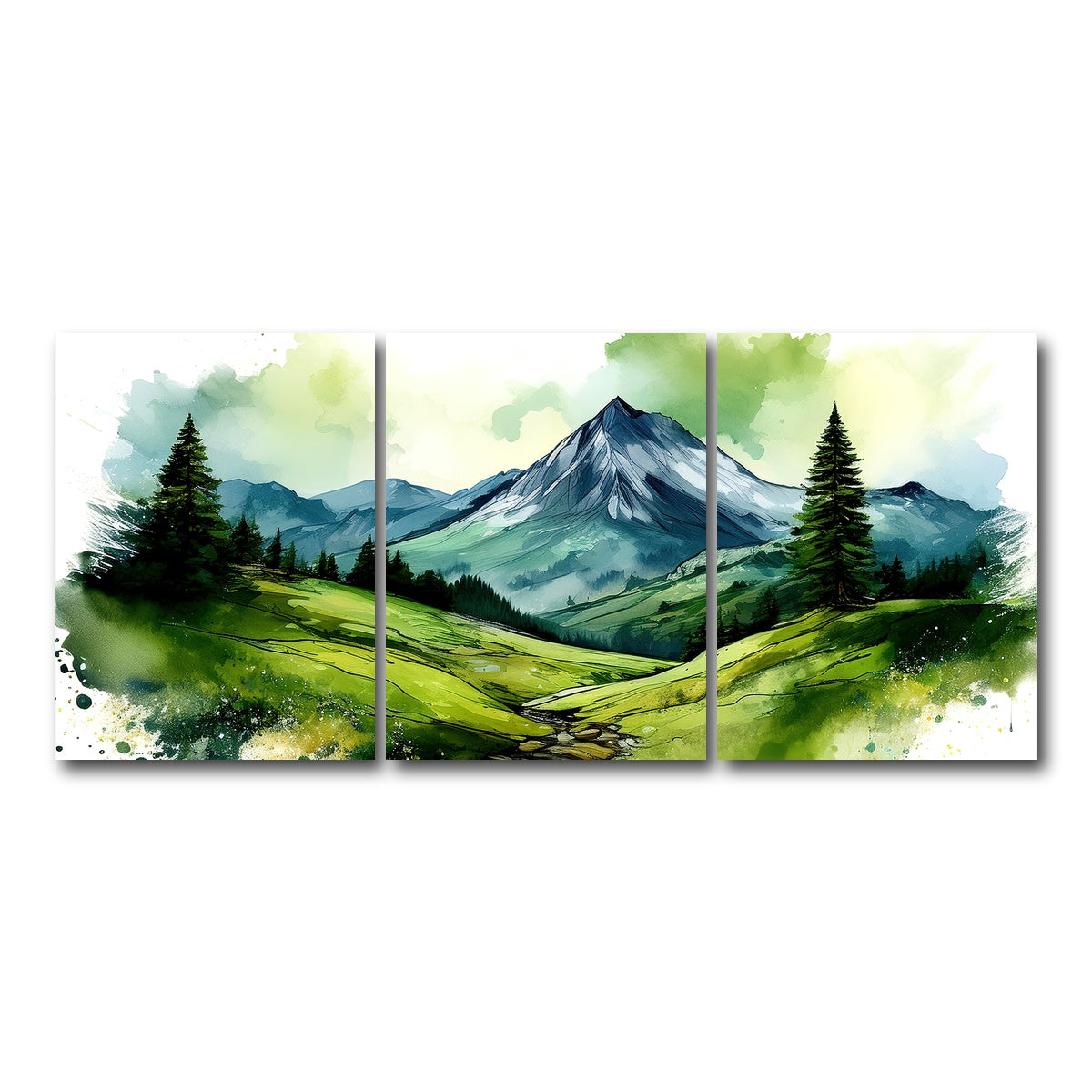 AUTO-MOCKUP WHITE | Water Color Green Mountain | 3 Piece | Gallery Wrap Canvas | group=18x24