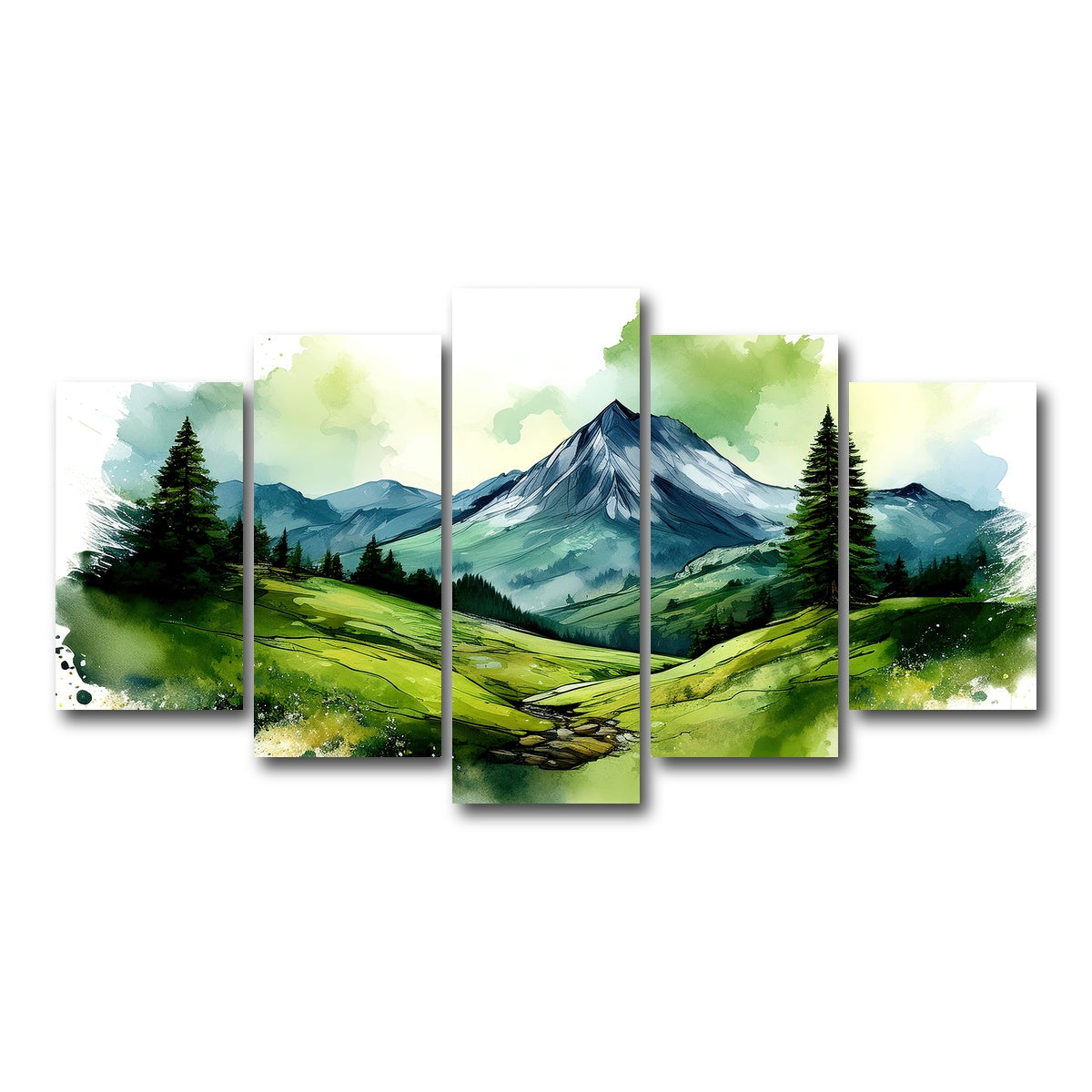AUTO-MOCKUP WHITE | Water Color Green Mountain | 5 Piece | Gallery Wrap Canvas | group=5_normal