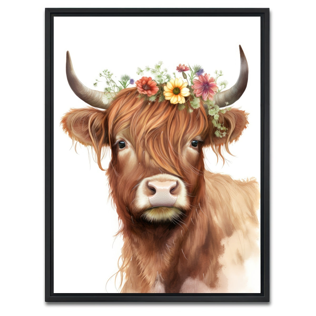 AUTO-MOCKUP WHITE | Watercolor Scottish highland cow | 1 Piece | Black Framed Canvas | group=3x4