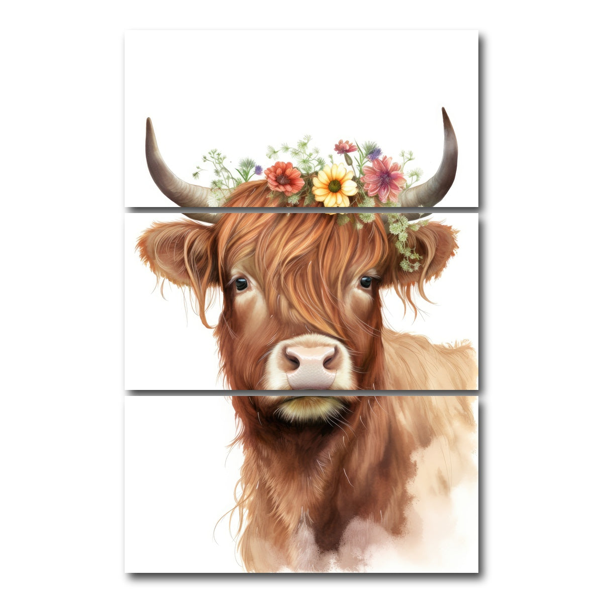 AUTO-MOCKUP WHITE | Watercolor Scottish highland cow | 3 Piece | Gallery Wrap Canvas | group=12x24_stacked
