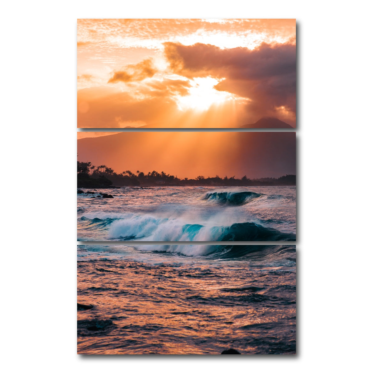 AUTO-MOCKUP WHITE | Waves at Sunset | 3 Piece | Gallery Wrap Canvas | group=12x24_stacked