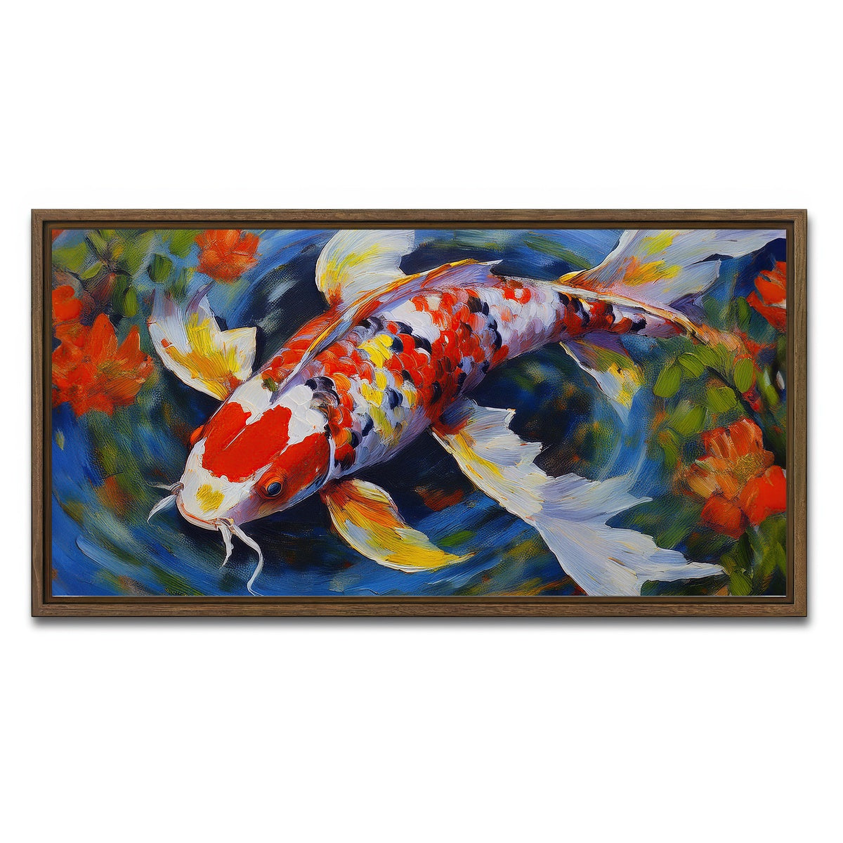 AUTO-MOCKUP WHITE | White Koi Fish Painting | 1 Piece | Walnut Framed Canvas | group=2x1