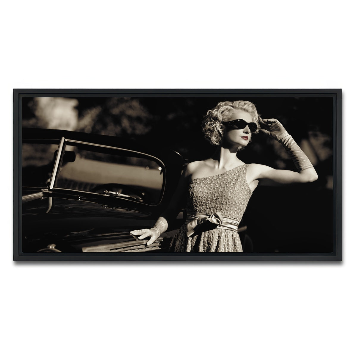 AUTO-MOCKUP WHITE | Woman and Retro Car | 1 Piece | Black Framed Canvas | group=2x1