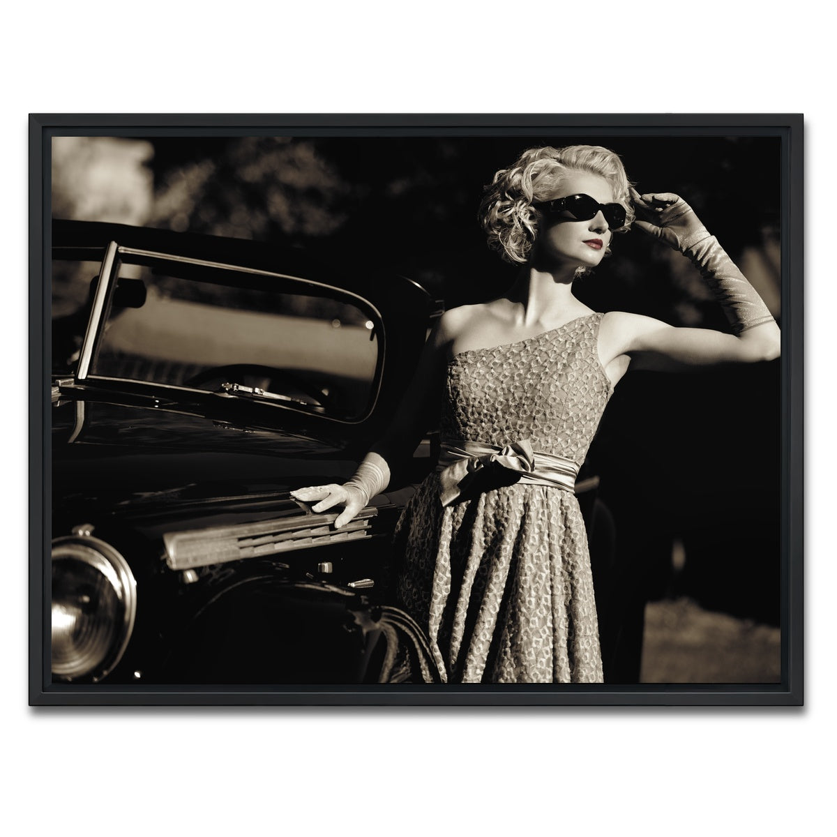 AUTO-MOCKUP WHITE | Woman and Retro Car | 1 Piece | Black Framed Canvas | group=4x3