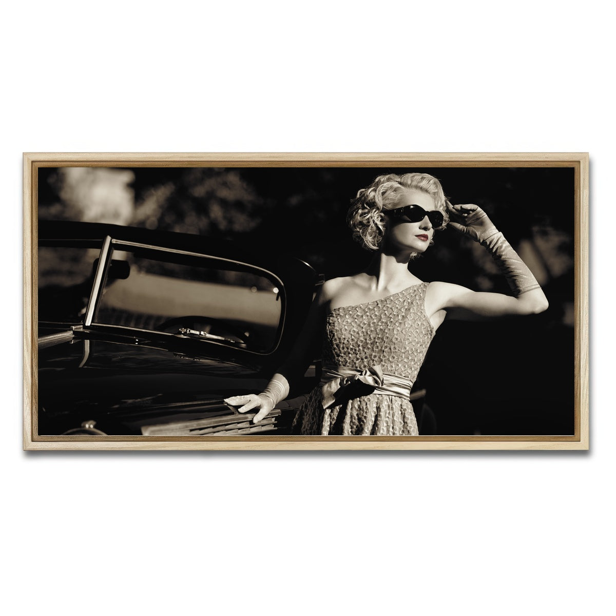 AUTO-MOCKUP WHITE | Woman and Retro Car | 1 Piece | Natural Framed Canvas | group=2x1