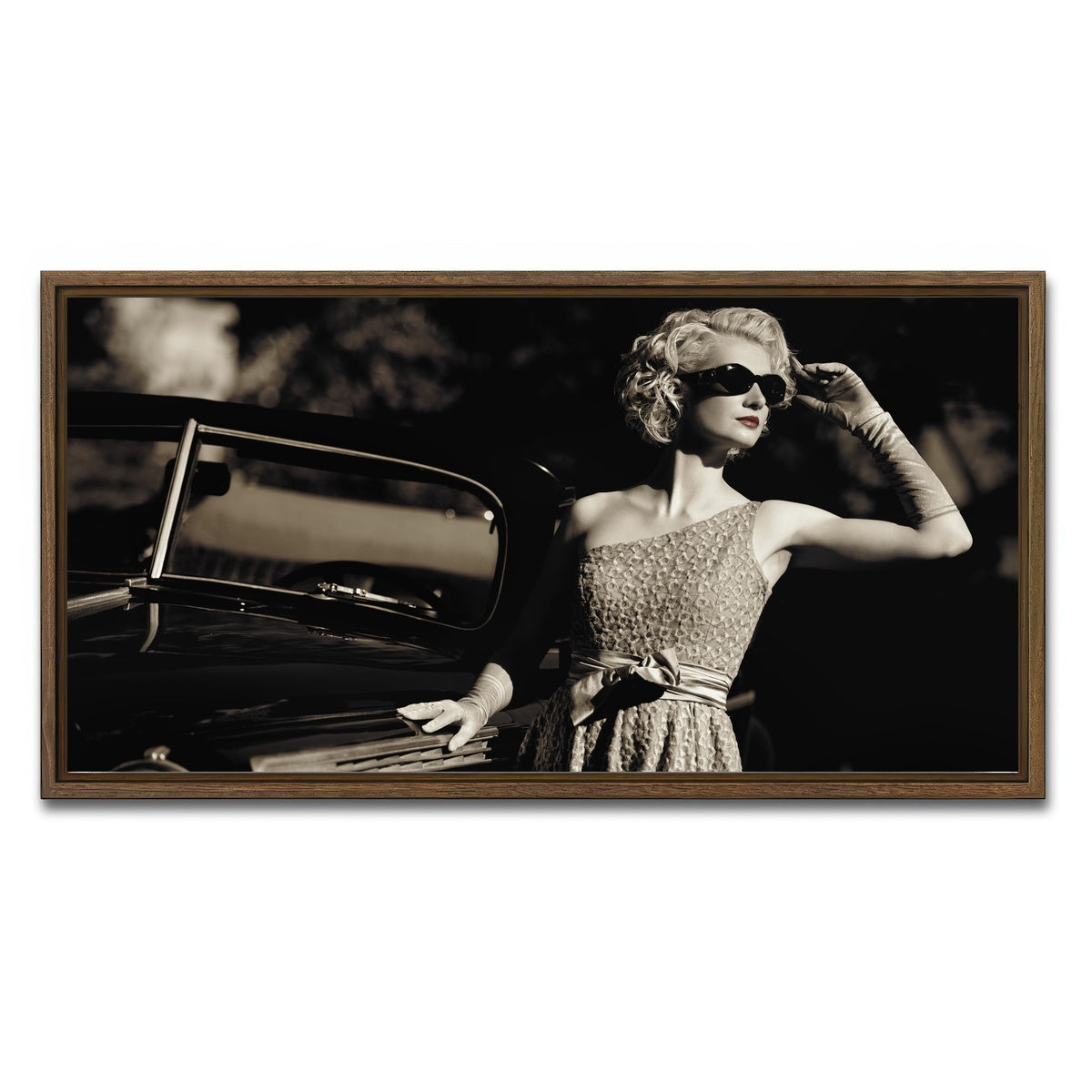 AUTO-MOCKUP WHITE | Woman and Retro Car | 1 Piece | Walnut Framed Canvas | group=2x1