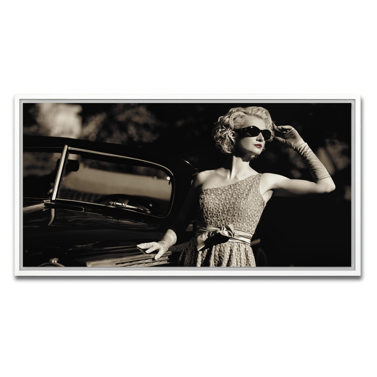 AUTO-MOCKUP WHITE | Woman and Retro Car | 1 Piece | White Framed Canvas | group=2x1