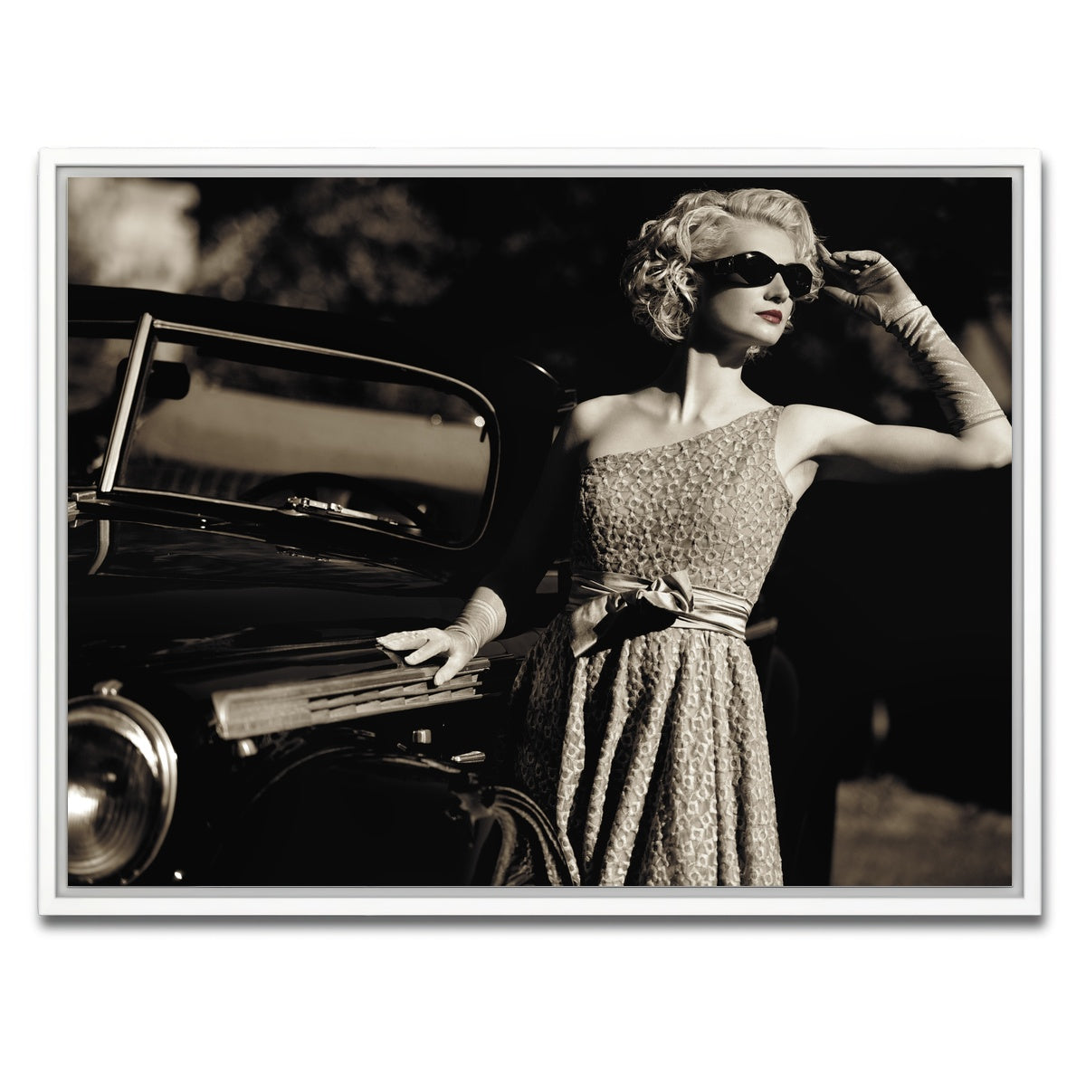 AUTO-MOCKUP WHITE | Woman and Retro Car | 1 Piece | White Framed Canvas | group=4x3