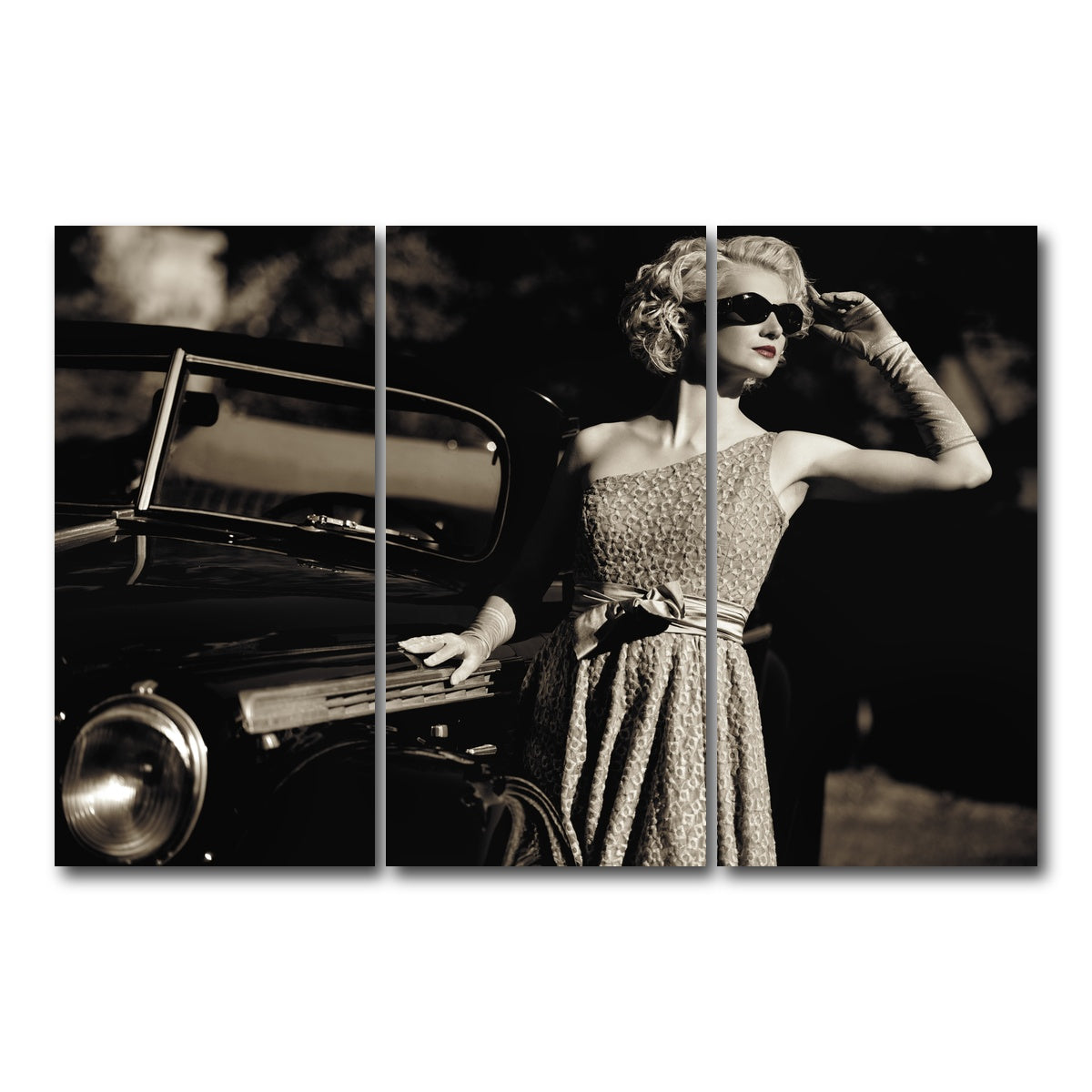 AUTO-MOCKUP WHITE | Woman and Retro Car | 3 Piece | Gallery Wrap Canvas | group=12x24