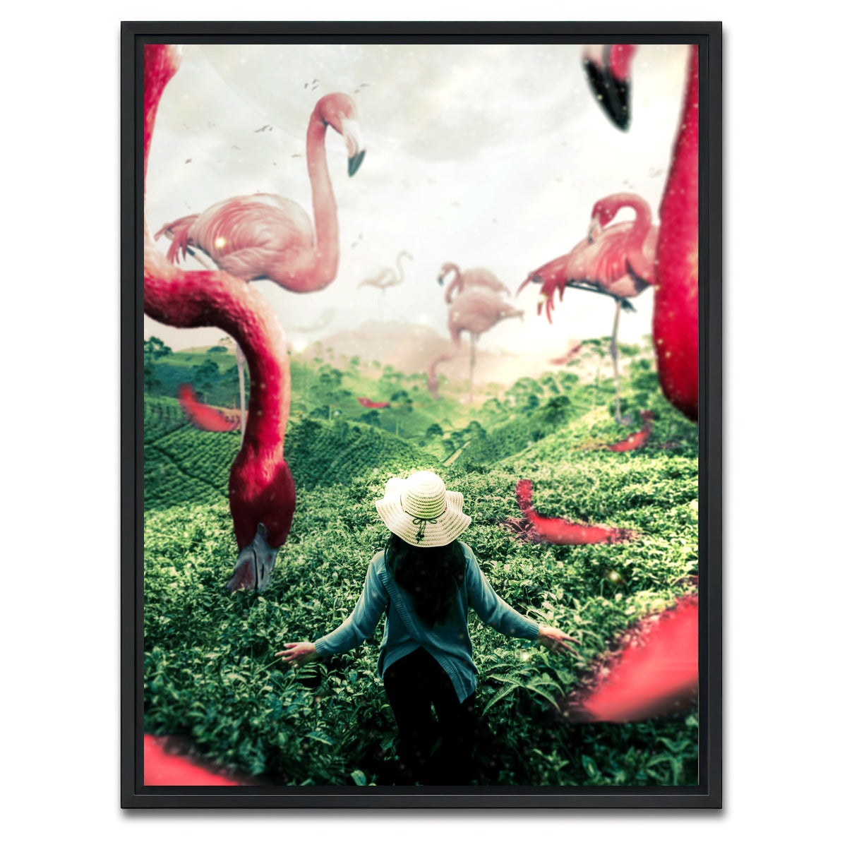 AUTO-MOCKUP WHITE | Woman with Flamingos | 1 Piece | Black Framed Canvas | group=3x4