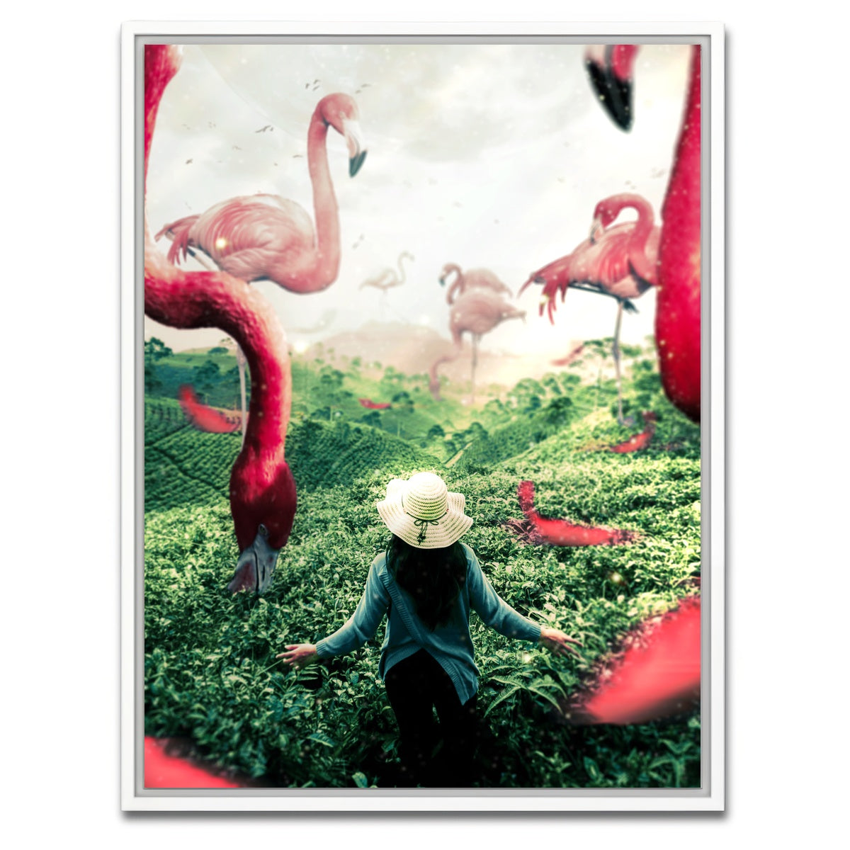 AUTO-MOCKUP WHITE | Woman with Flamingos | 1 Piece | White Framed Canvas | group=3x4