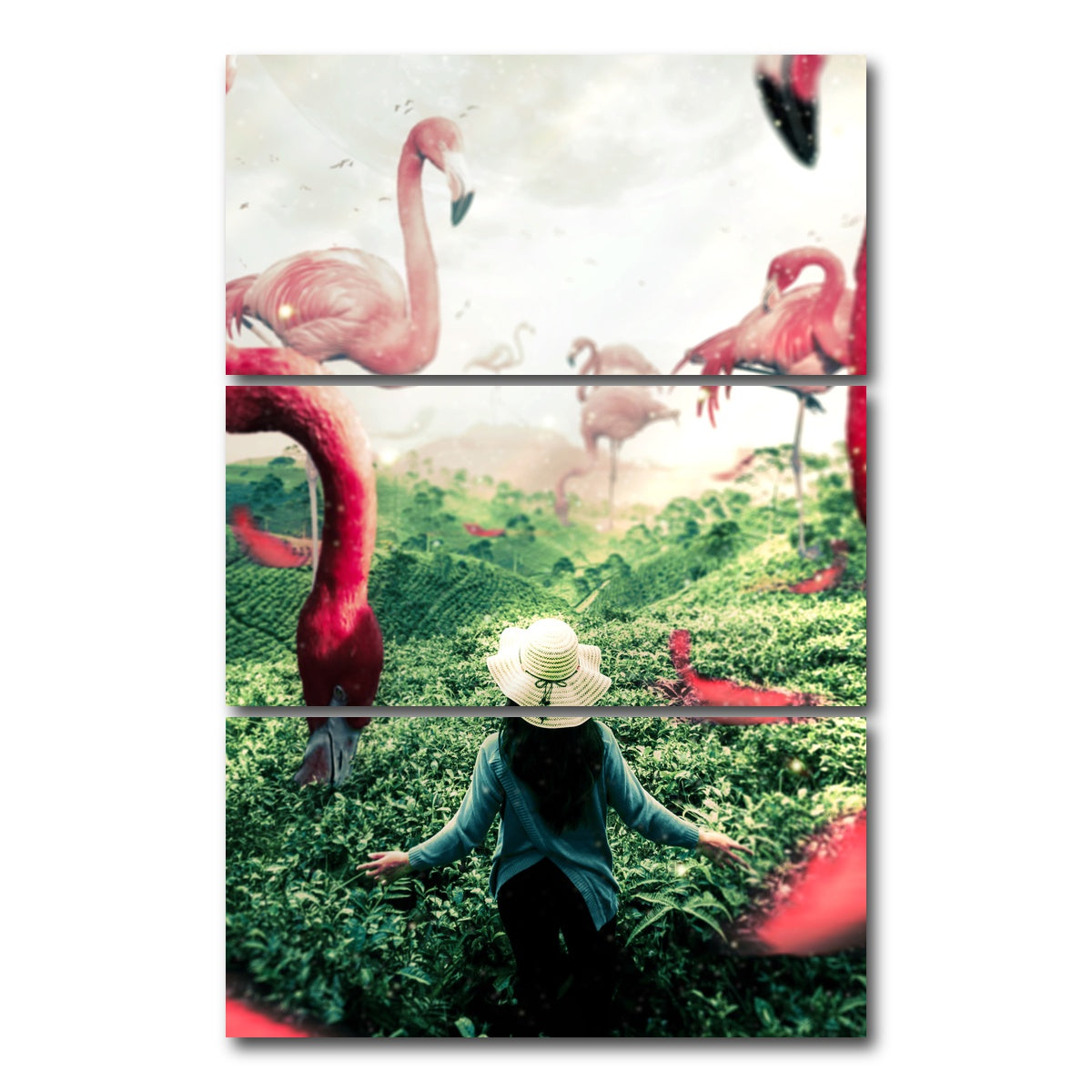 AUTO-MOCKUP WHITE | Woman with Flamingos | 3 Piece | Gallery Wrap Canvas | group=12x24_stacked