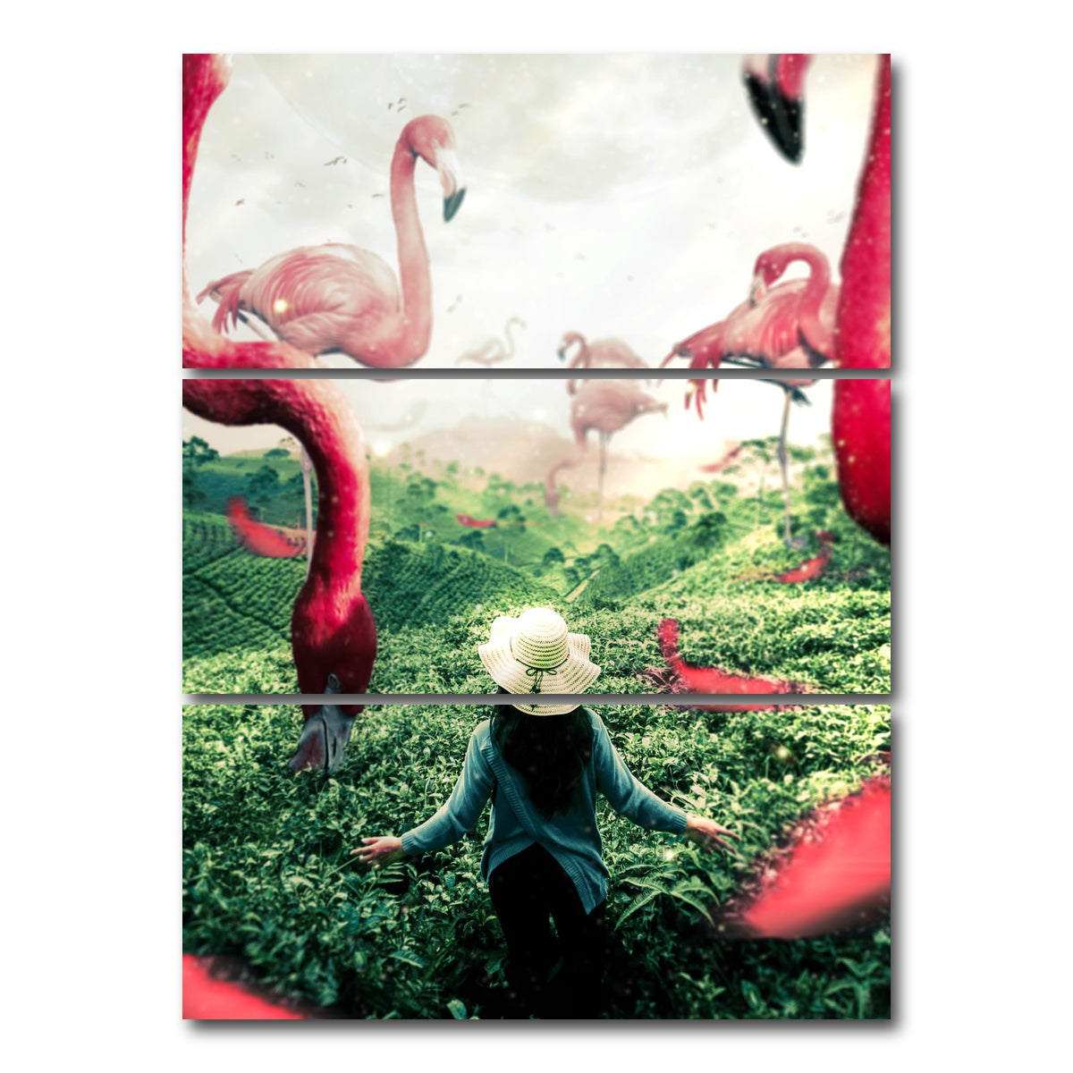 AUTO-MOCKUP WHITE | Woman with Flamingos | 3 Piece | Gallery Wrap Canvas | group=8x18_stacked