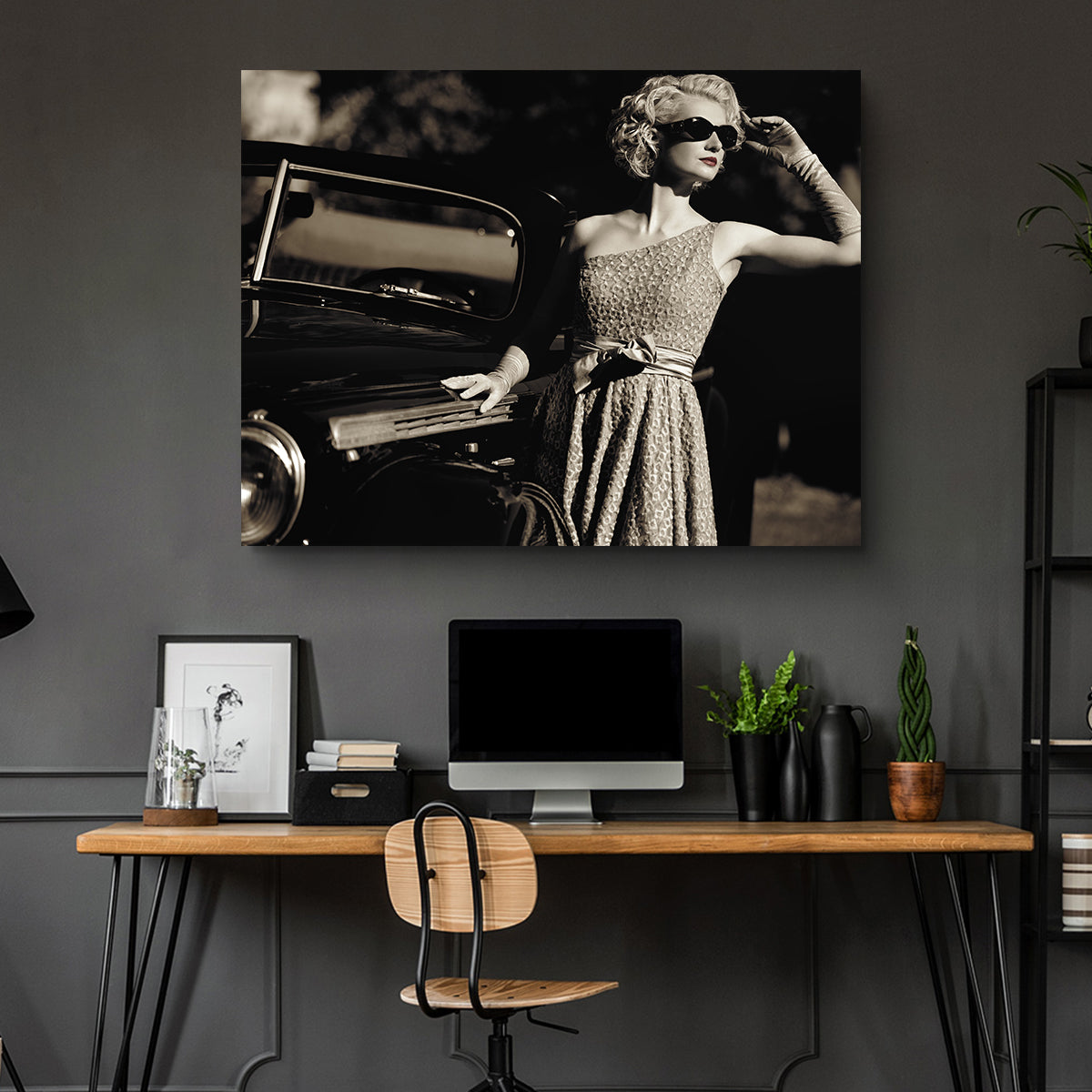 Woman and Retro Car Wall Art