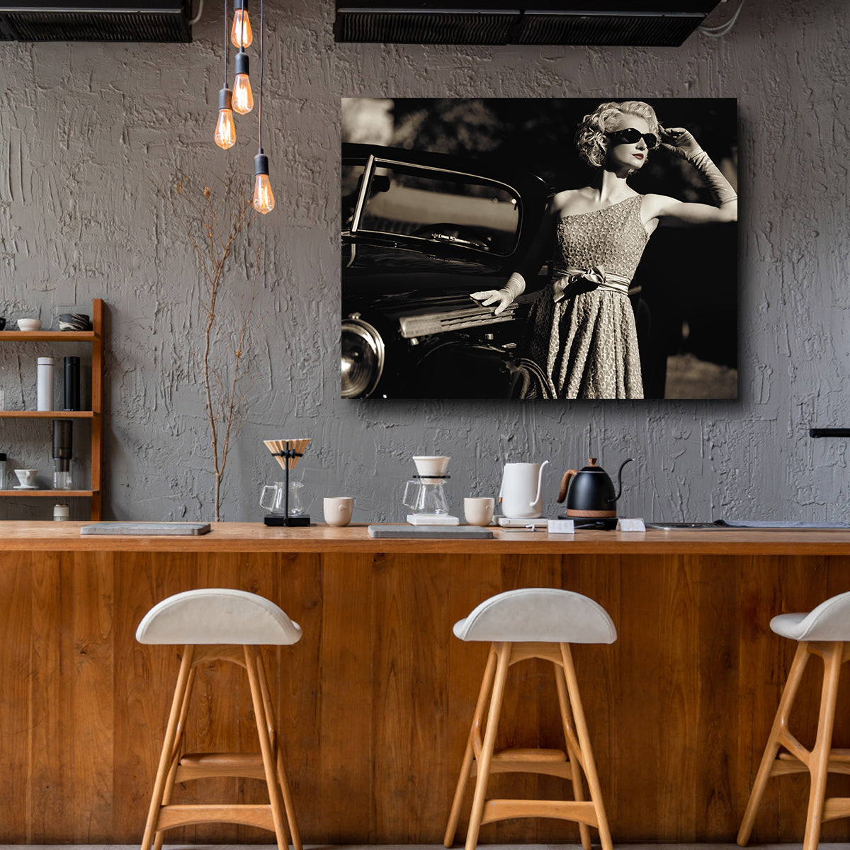 Woman and Retro Car Wall Art