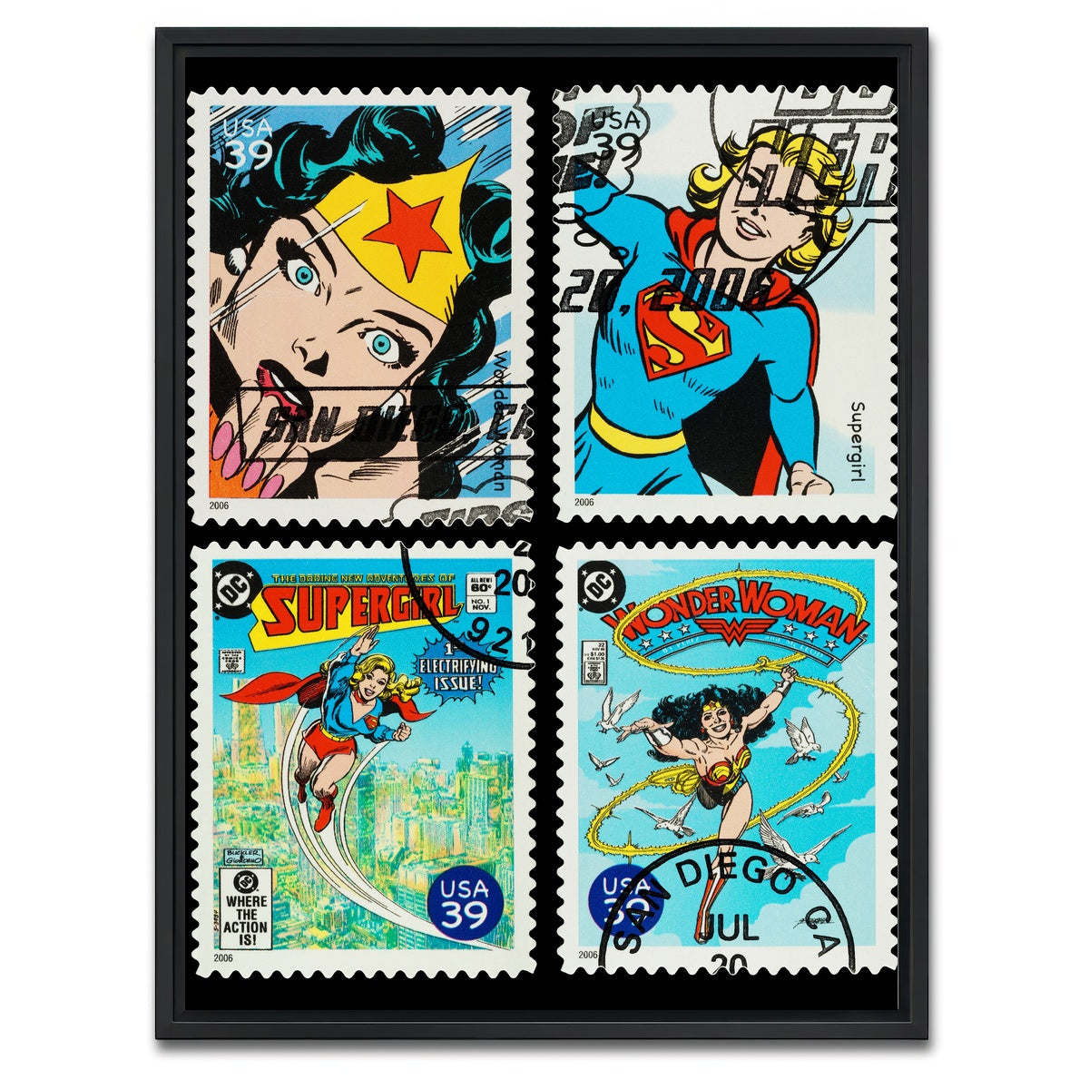 AUTO-MOCKUP WHITE | Wonder Woman and Supergirl Postage Stamps | 1 Piece | Black Framed Canvas | group=3x4