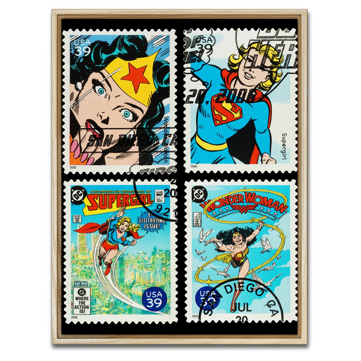 AUTO-MOCKUP WHITE | Wonder Woman and Supergirl Postage Stamps | 1 Piece | Natural Framed Canvas | group=3x4
