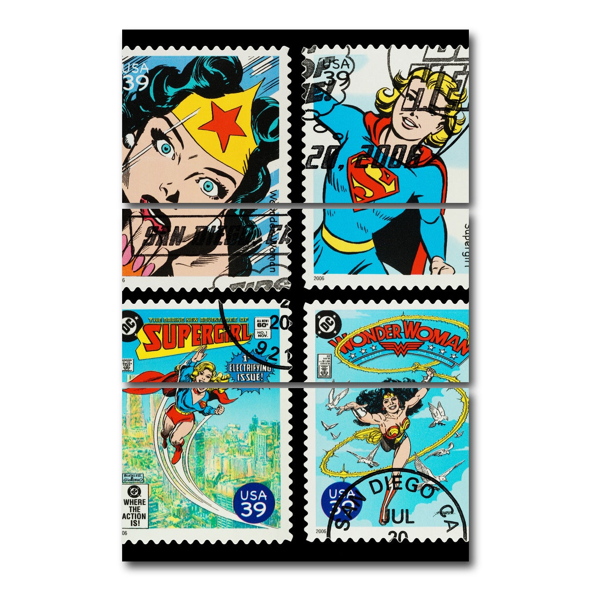 AUTO-MOCKUP WHITE | Wonder Woman and Supergirl Postage Stamps | 3 Piece | Gallery Wrap Canvas | group=12x24_stacked