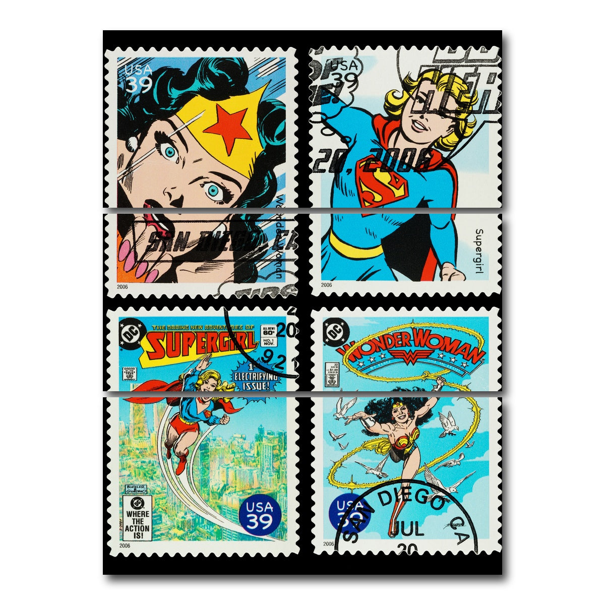 AUTO-MOCKUP WHITE | Wonder Woman and Supergirl Postage Stamps | 3 Piece | Gallery Wrap Canvas | group=8x18_stacked