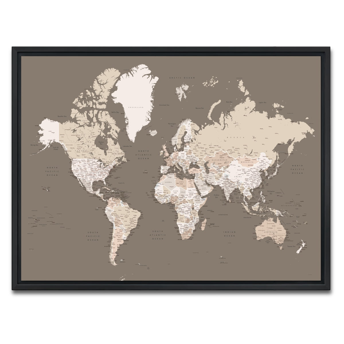 AUTO-MOCKUP WHITE | World Map 11 | 1 Piece | Black Framed Canvas | group=4x3