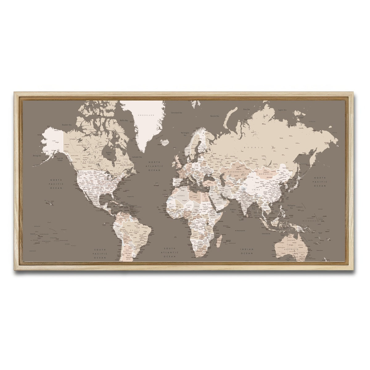 AUTO-MOCKUP WHITE | World Map 11 | 1 Piece | Natural Framed Canvas | group=2x1
