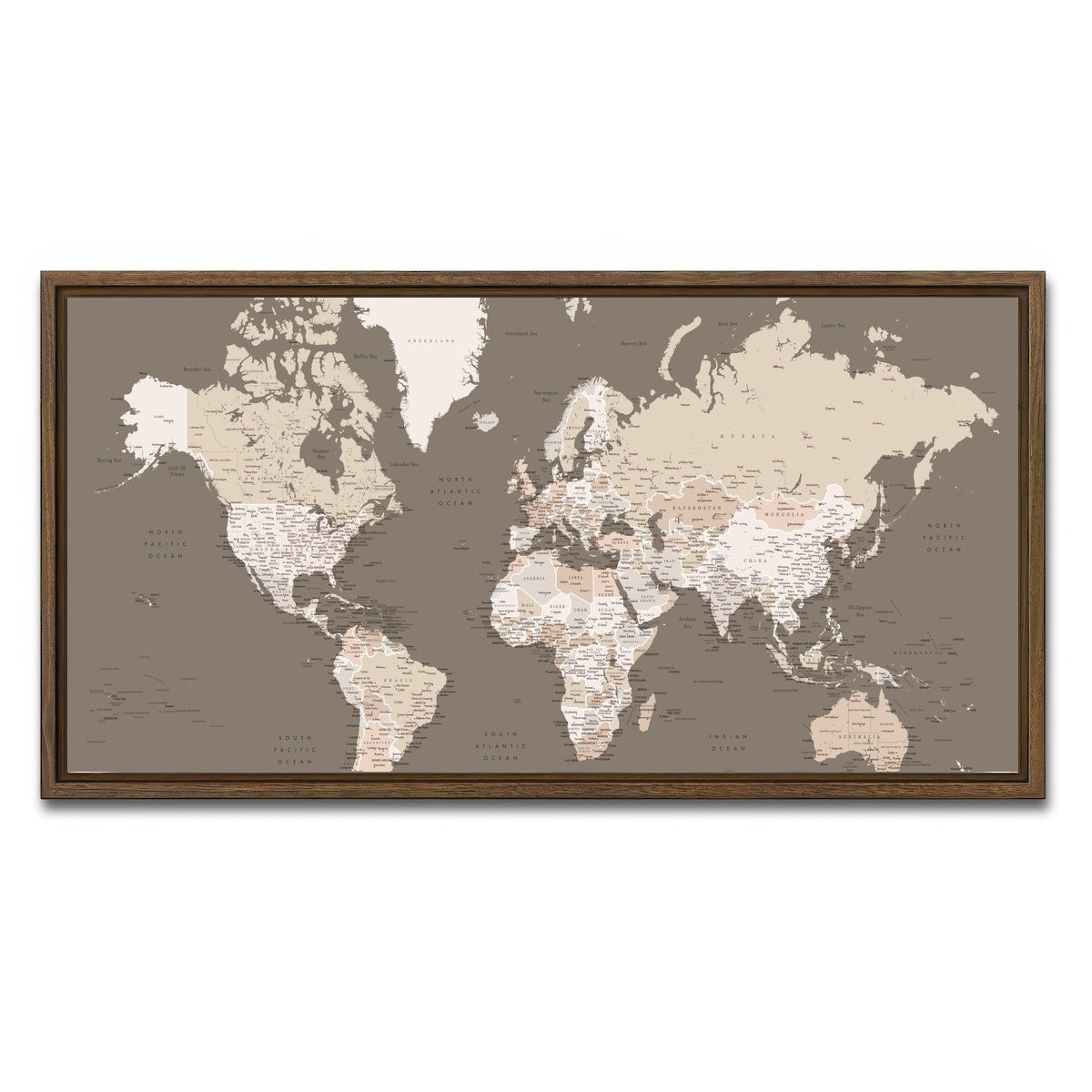 AUTO-MOCKUP WHITE | World Map 11 | 1 Piece | Walnut Framed Canvas | group=2x1