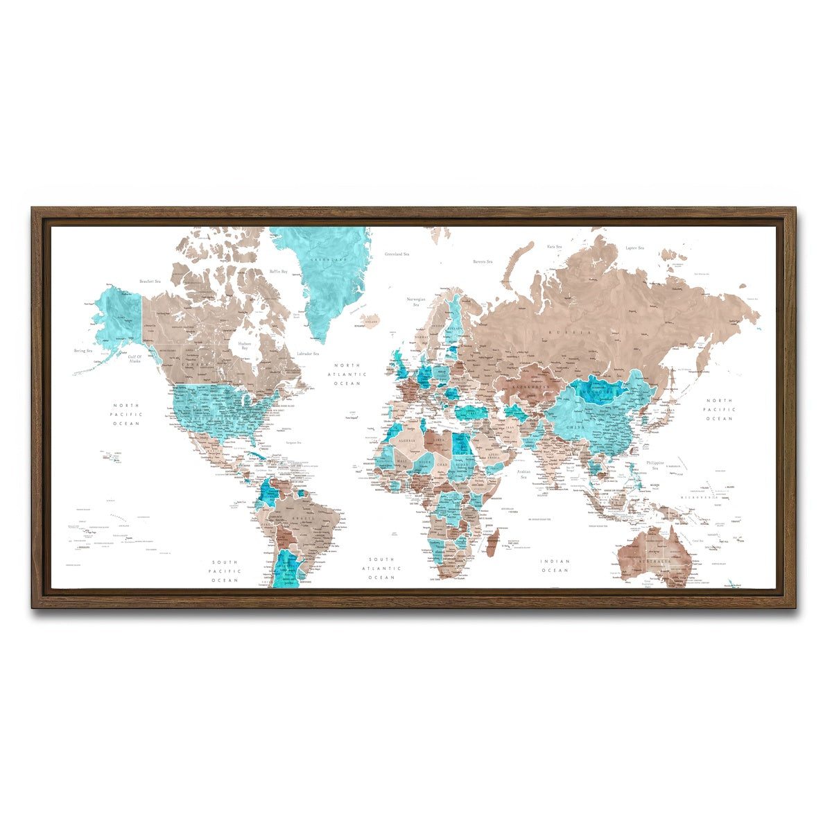 AUTO-MOCKUP WHITE | World Map 12 | 1 Piece | Walnut Framed Canvas | group=2x1