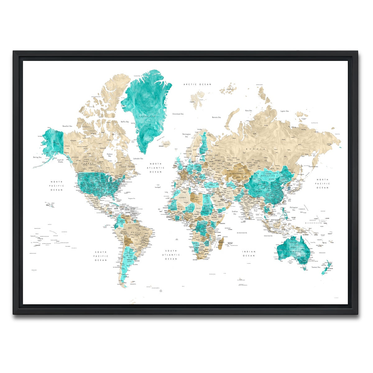 AUTO-MOCKUP WHITE | World Map 13 | 1 Piece | Black Framed Canvas | group=4x3