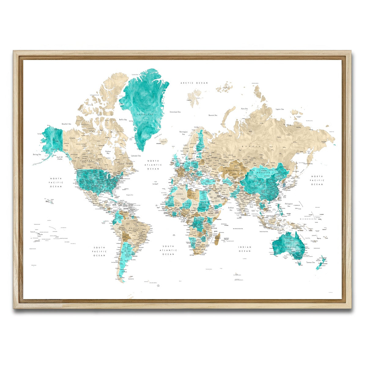 AUTO-MOCKUP WHITE | World Map 13 | 1 Piece | Natural Framed Canvas | group=4x3