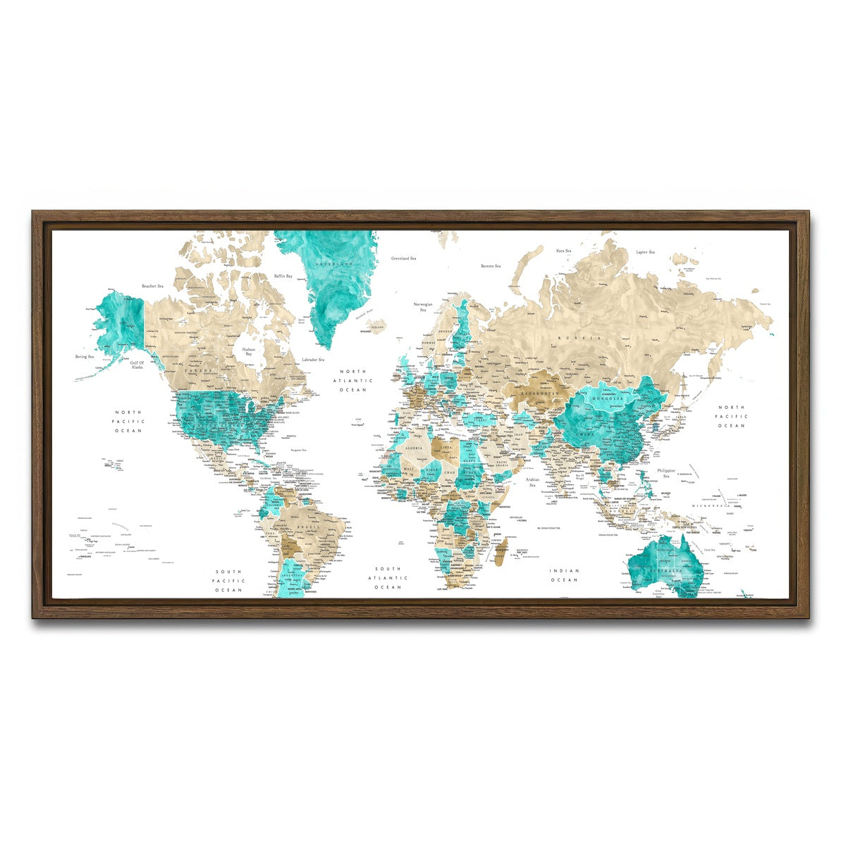AUTO-MOCKUP WHITE | World Map 13 | 1 Piece | Walnut Framed Canvas | group=2x1