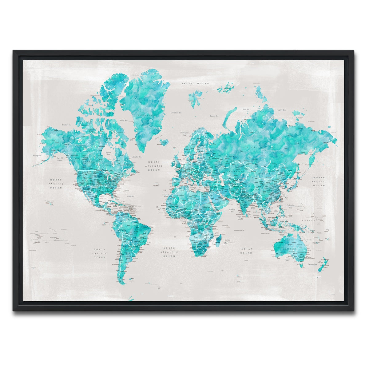 AUTO-MOCKUP WHITE | World Map 27 | 1 Piece | Black Framed Canvas | group=4x3