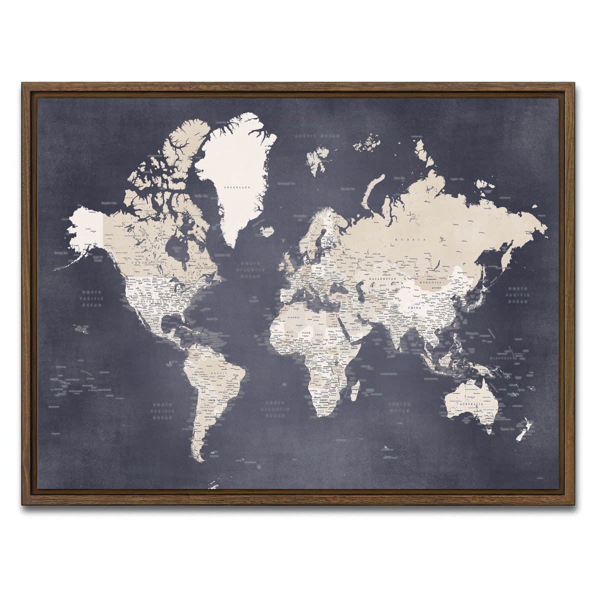AUTO-MOCKUP WHITE | World Map 28 | 1 Piece | Walnut Framed Canvas | group=4x3