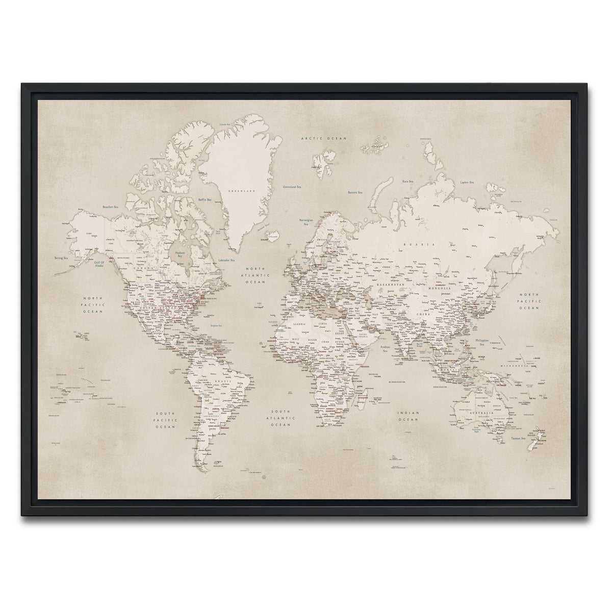 AUTO-MOCKUP WHITE | World Map 29 | 1 Piece | Black Framed Canvas | group=4x3